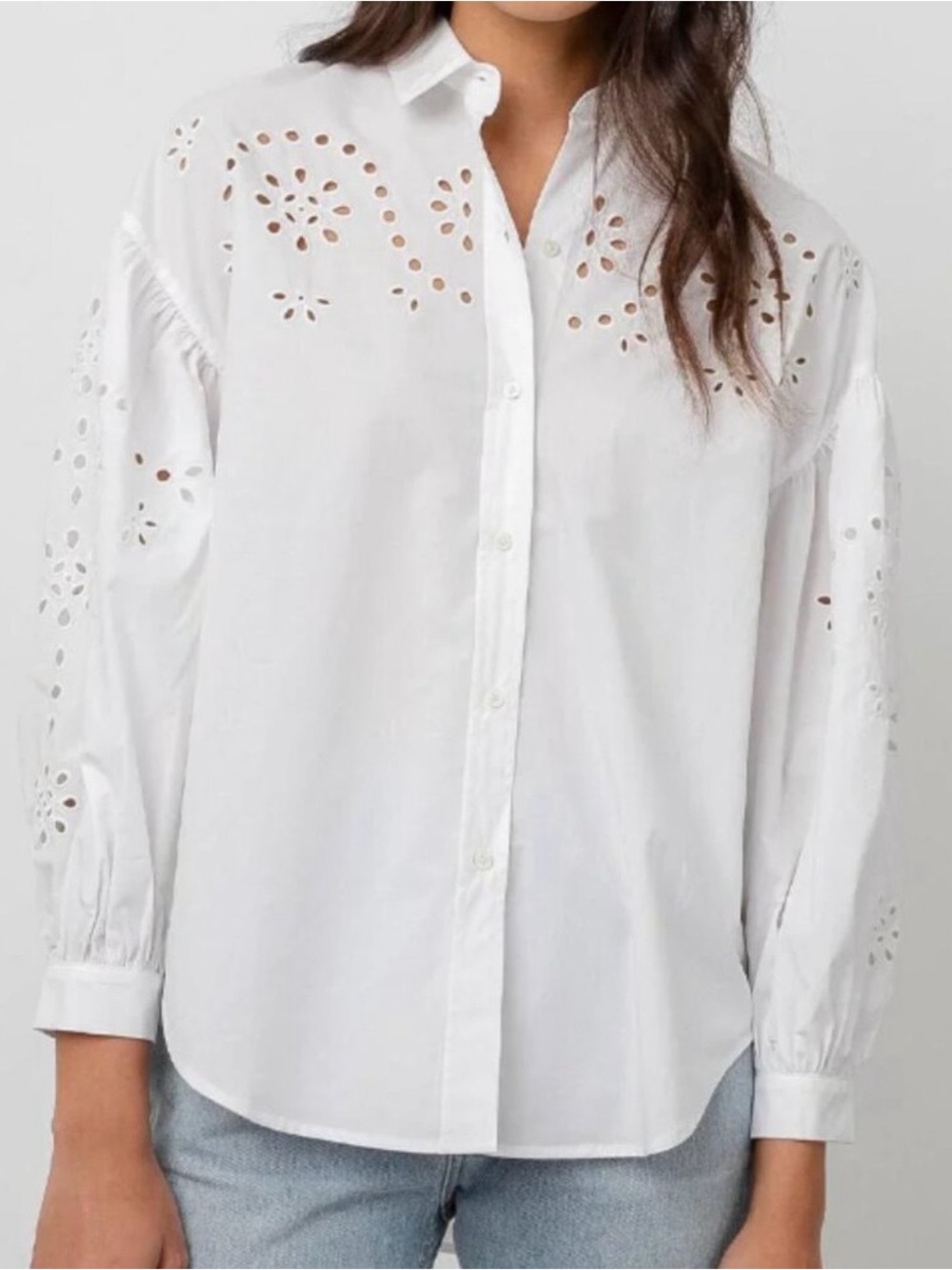 Rails Alister Embroidered Poplin Button Front Blouse with Eyelet Details, Size M